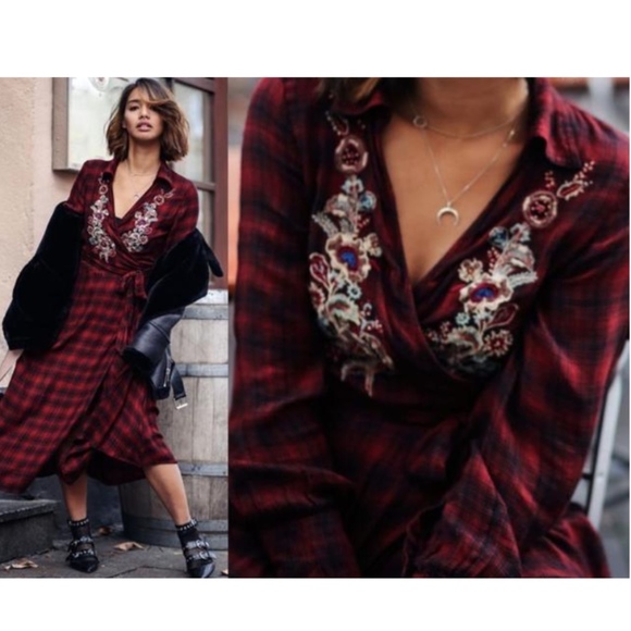 Zara Checkered collar floral wrap beaded Dress